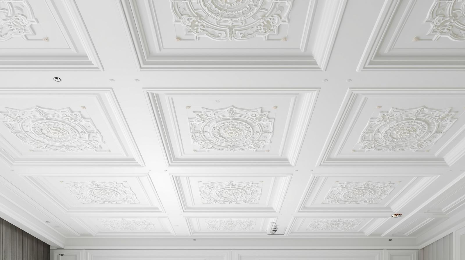 plafon PVC modern interior rumah, variasi motif plafon PVC, konsep daftar harga bahan bangunan 2025, ikon label harga, tampilan clean minimalis, warna putih abu-abu, gaya profesional untuk artikel properti