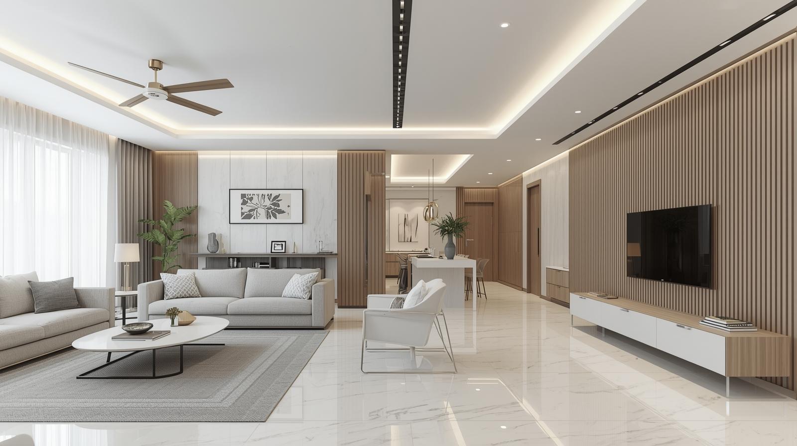 plafon PVC rumah dan kantor modern, interior minimalis, desain plafon PVC elegan, ruangan terang dan bersih, gaya modern profesional, warna putih dan abu-abu, desain interior berkualitas tinggi.jpg