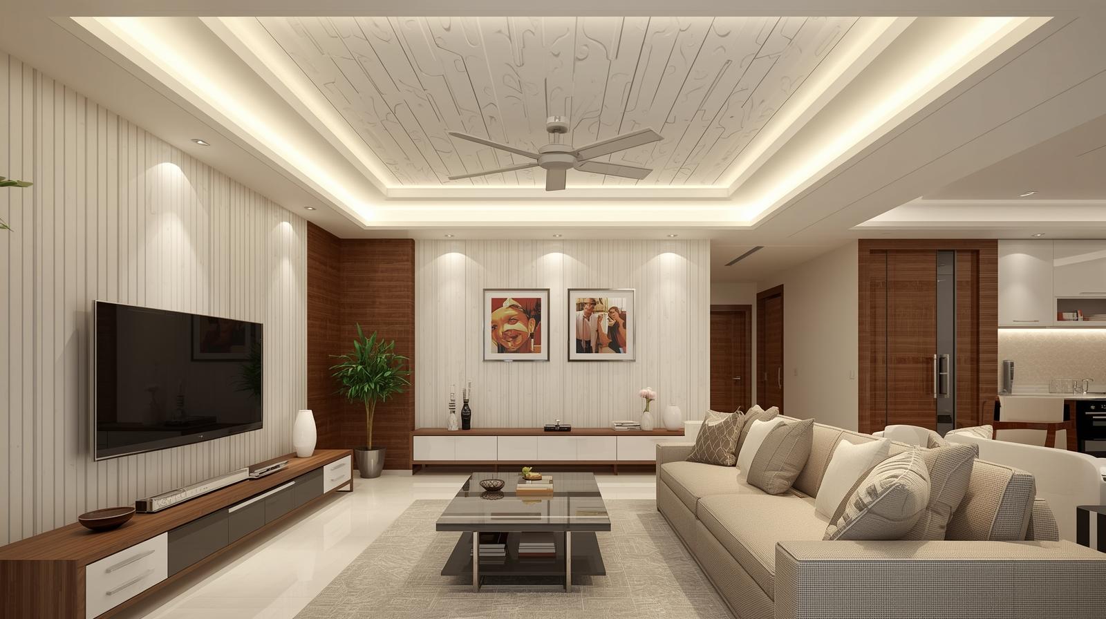 plafon pvc modern rumah minimalis, interior ruang tamu elegan, plafon pvc motif kayu putih, pencahayaan led ceiling, desain interior profesional, clean modern style, warna netral, high resolution